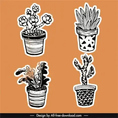 potted plants icons vintage handdrawn outline