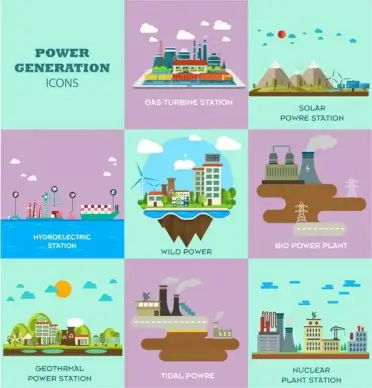 power generation icons isolated with various types