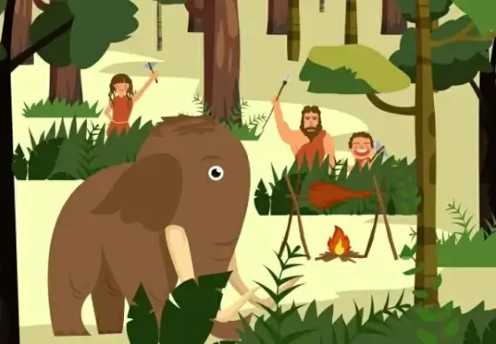 prehistoric age painting elephant cavemen icons cartoon design