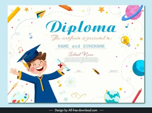 preschool diploma certificate dynamic cartoon boy school elements