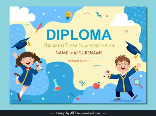 preschool diploma certificate template dynamic school children school elements 