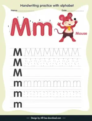preschool education handwriting practice template alphabet letter tracing m cute mouse sketch