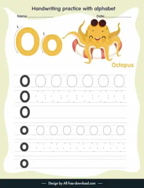 preschool education handwriting practice template alphabet letter tracing o funny stylized octopus sketch