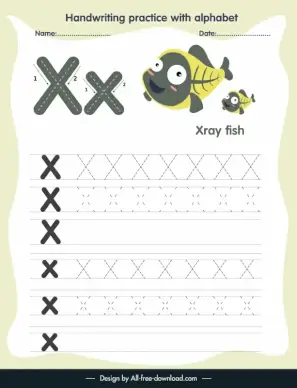preschool education handwriting practice template alphabet letter tracing x funny fishes  sketch