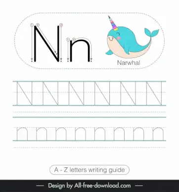 preschool writing guide worksheet template cute narwhal sketch tracing letters n outline