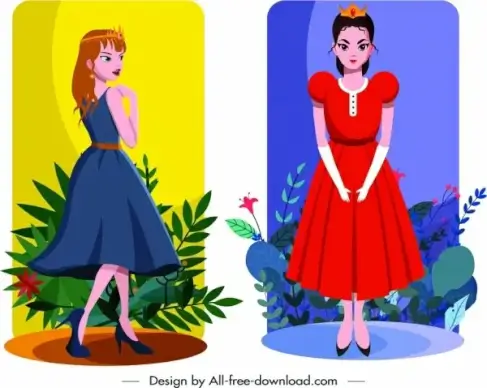 princess icons colorful design cute cartoon characters