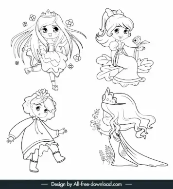 princess icons cute girl sketch handdrawn cartoon