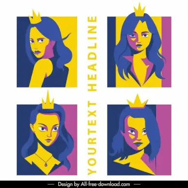 princess icons woman portrait cartoon character classic design