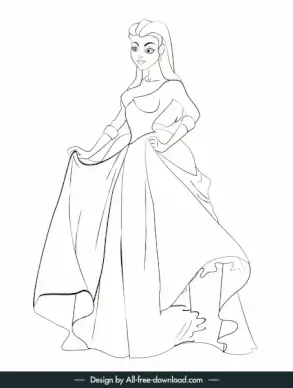 princess painting cartoon character black white handdrawn sketch