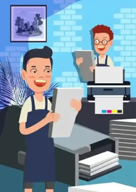 printing work drawing man printer icons colored cartoon