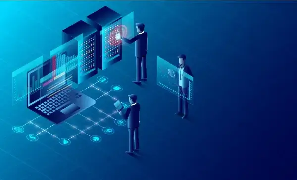 privacy protection and software for development with businessman stood in front of a computer with high security isometric web pages and window binary code and site illustration cartoon vector