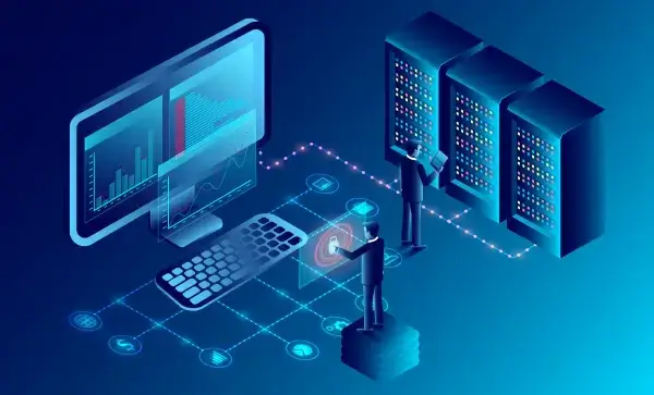 privacy protection and software for development with businessman stood in front of a computer with high security isometric web pages and window binary code and site illustration cartoon vector