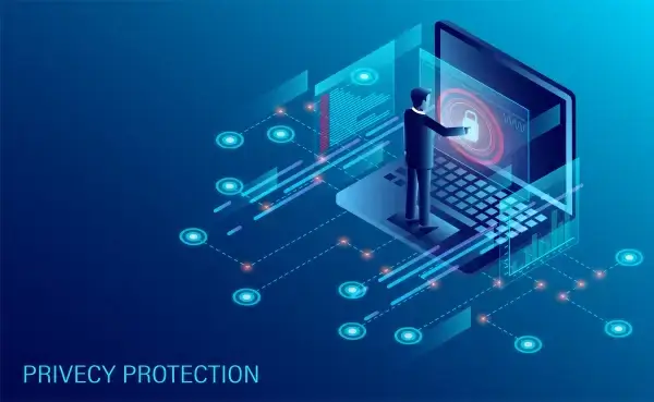 privacy protection and software for development with businessman stood in front of a computer with high security isometric web pages and window binary code and site illustration cartoon vector