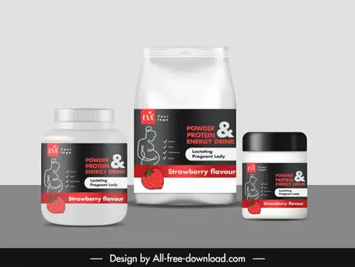 protein powder strawberry flavour drink packaging template elegant contrast  