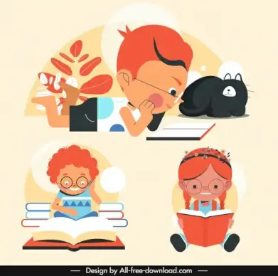pupil icons kids reading books sketch cartoon characters