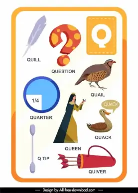 q alphabet education template colorful flat symbols sketch