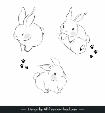 rabbit design elements cute flat black white handdrawn cartoon sketch
