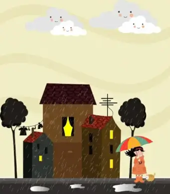 rainy weather background cartoon stylized cloud girl icons