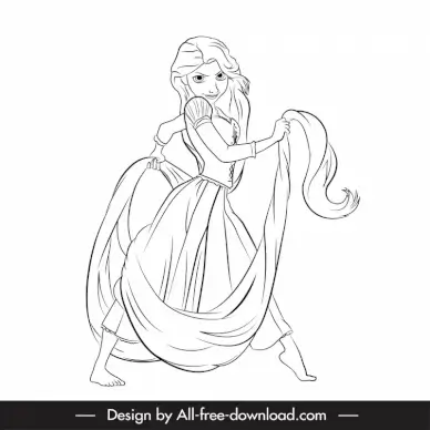 rapunzel cartoon character icon black white handdrawn outline