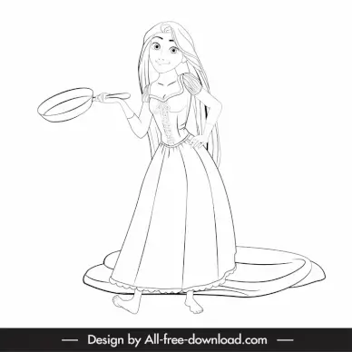 rapunzel cartoon character icon funny black white handdrawn outline