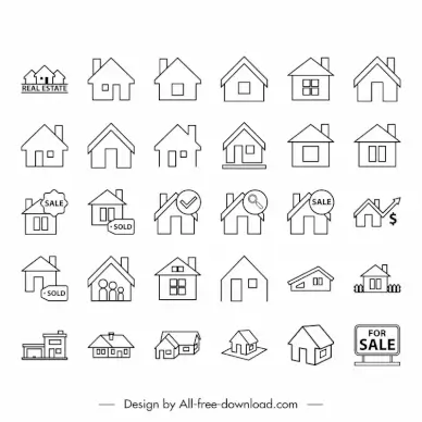 real estate icon sets black white handdrawn house symbols outline 