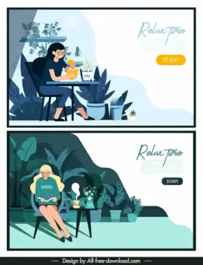 relax time banners resting lady sketch cartoon design