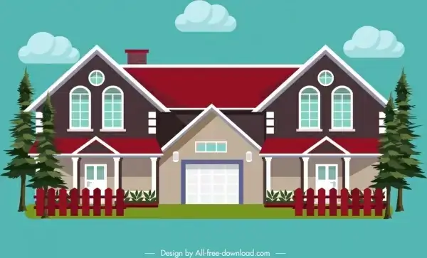 residential house icon facade sketch colored modern design