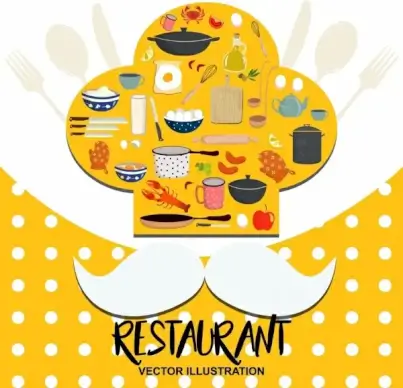 restaurant advertising chef hat moustach utensils icons decor