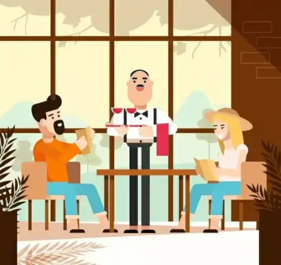 restaurant background waiter guest icons cartoon characters