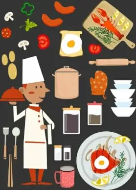 restaurant design elements cook ingredients food kitchenware icons