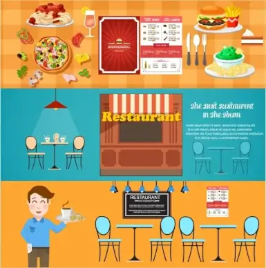 restaurant design elements illustration in flat horizontal style
