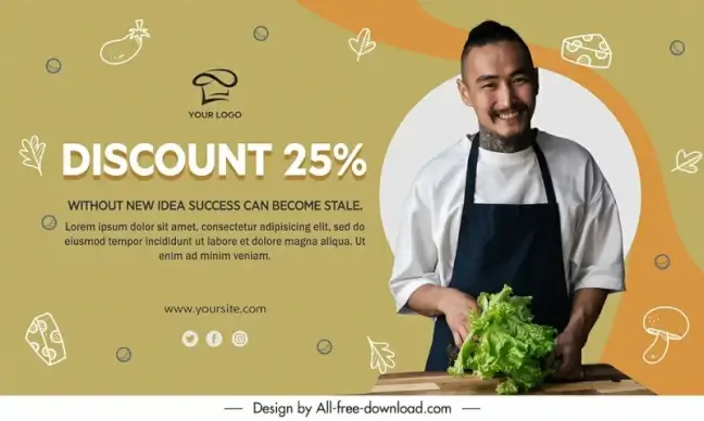 restaurant discount banner template happy chef handdrawn ingredients