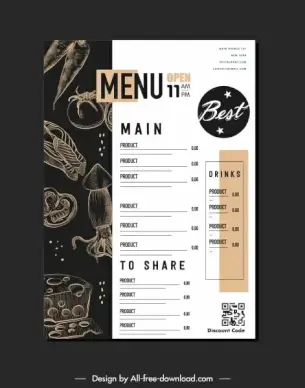 restaurant menu template black white contrast handdrawn decor