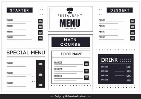 restaurant menu template black white flat simple design