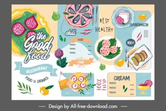 restaurant menu template colorful flat retro handdrawn sketch