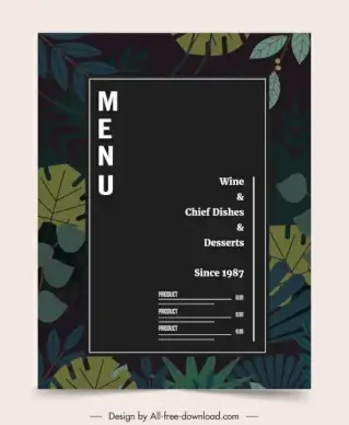 restaurant menu template elegant dark classic leaves decor