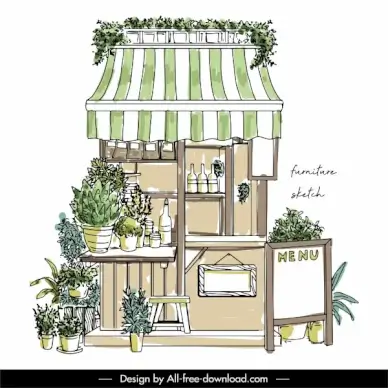 restaurant shop exterior template classical handdrawn sketch
