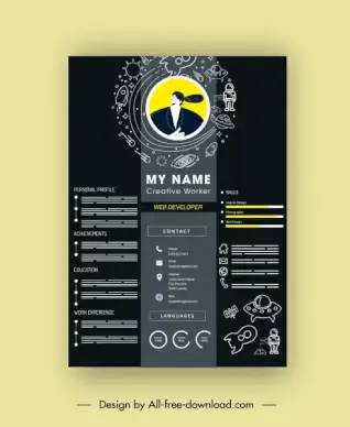 resume template black decor astronauts elements sketch