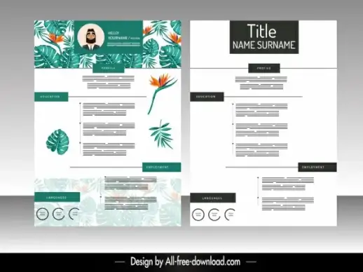 resume template nature theme floral leaves decor