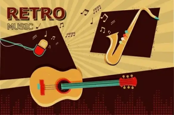 retro music background guitar trumpet microphone notes icons