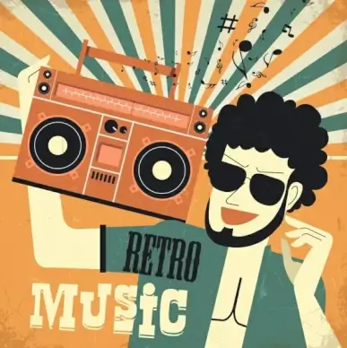 retro music background man casette notes icons decor