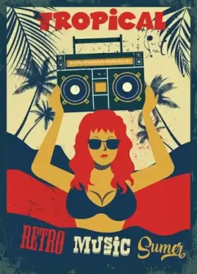 retro music party banner bikini girl cassette icons