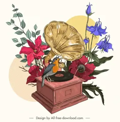 retro painting colorful floras bird speaker sketch