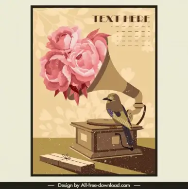 retro poster template floral bird ancient speaker decor