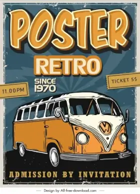 retro poster template handdrawn classical bus sketch