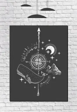 retro tribal painting whale compass moon mountain icons