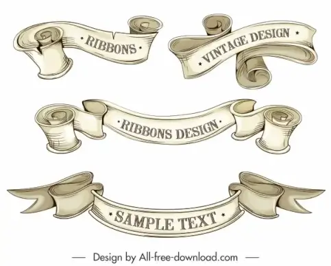 ribbon templates 3d retro handdrawn design curled shapes
