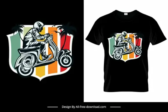 riding scooter on the beach tshirt template flat silhouette man riding motorcycle label coconut tree outline 