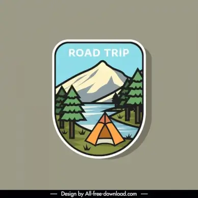 road trip camping label template flat classical tent lake mountain scene 