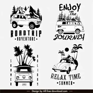 road trip logotypes black white classic cars sketch
